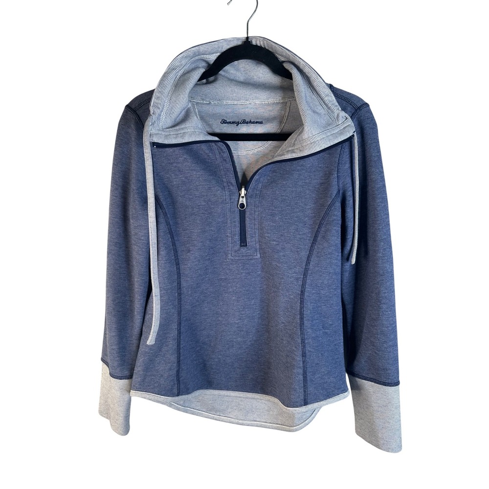 Tommy Bahama Women's Blue Striped Trim Quarter Zip Pullover Sweatshirt Size